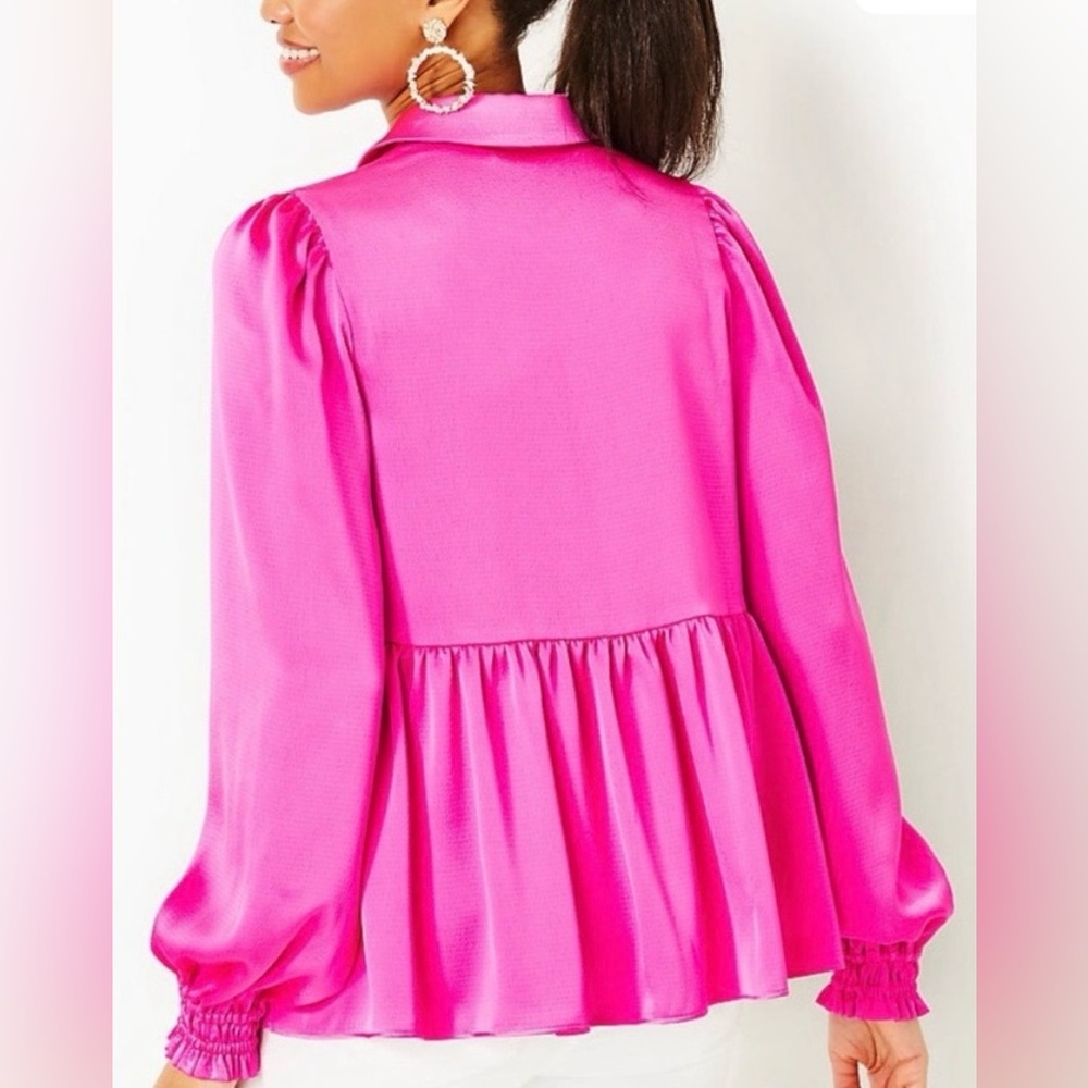 Lilly Pulitzer Top Hot Pink Sateen Jaylene Long Sleeve Peplum Hem Blouse XL - Picture 2 of 9